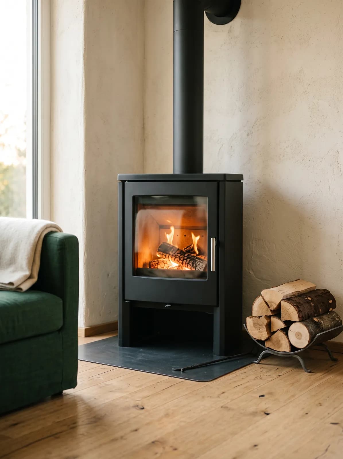 Moderner schwarzer Kaminofen mit warmem Feuer, daneben ein Korb mit gespaltenem Brennholz in einem hellen Wohnraum mit Holzboden