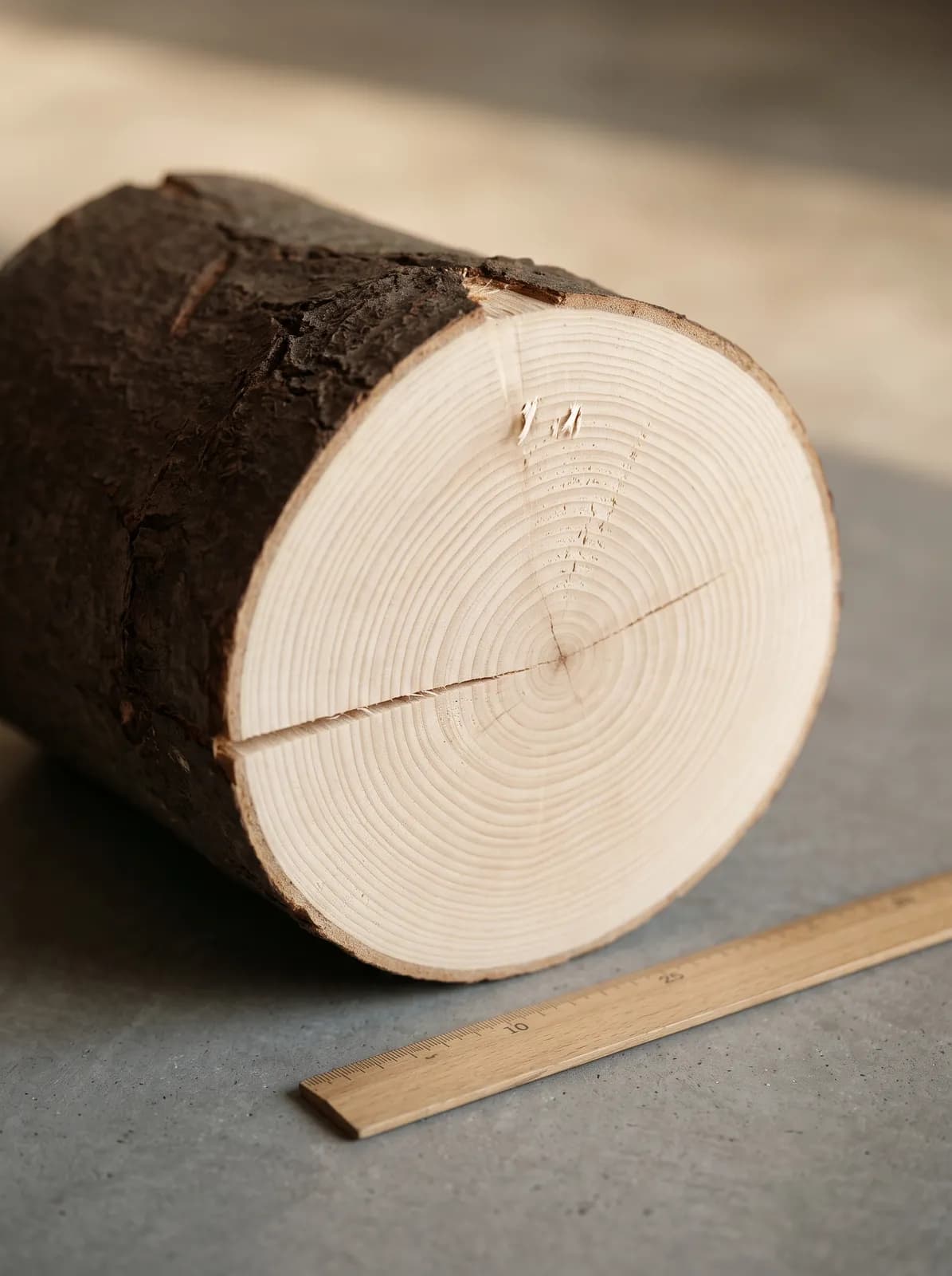 Nahaufnahme eines frisch gespaltenen Buchenscheits mit sichtbaren Jahresringen, dunkler Rinde und einem Holzlineal daneben